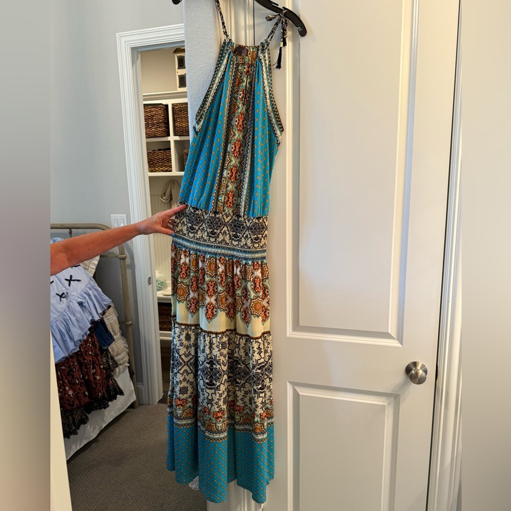 Hale Bob Vibrant Patterned Dress in Blue and Brown